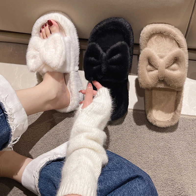 

Шлепанцы женские из флока, роскошные меховые Сланцы на плоской подошве, с бантом-бабочкой, дизайнерская зимняя обувь на платформе, wi-Fi, 2022