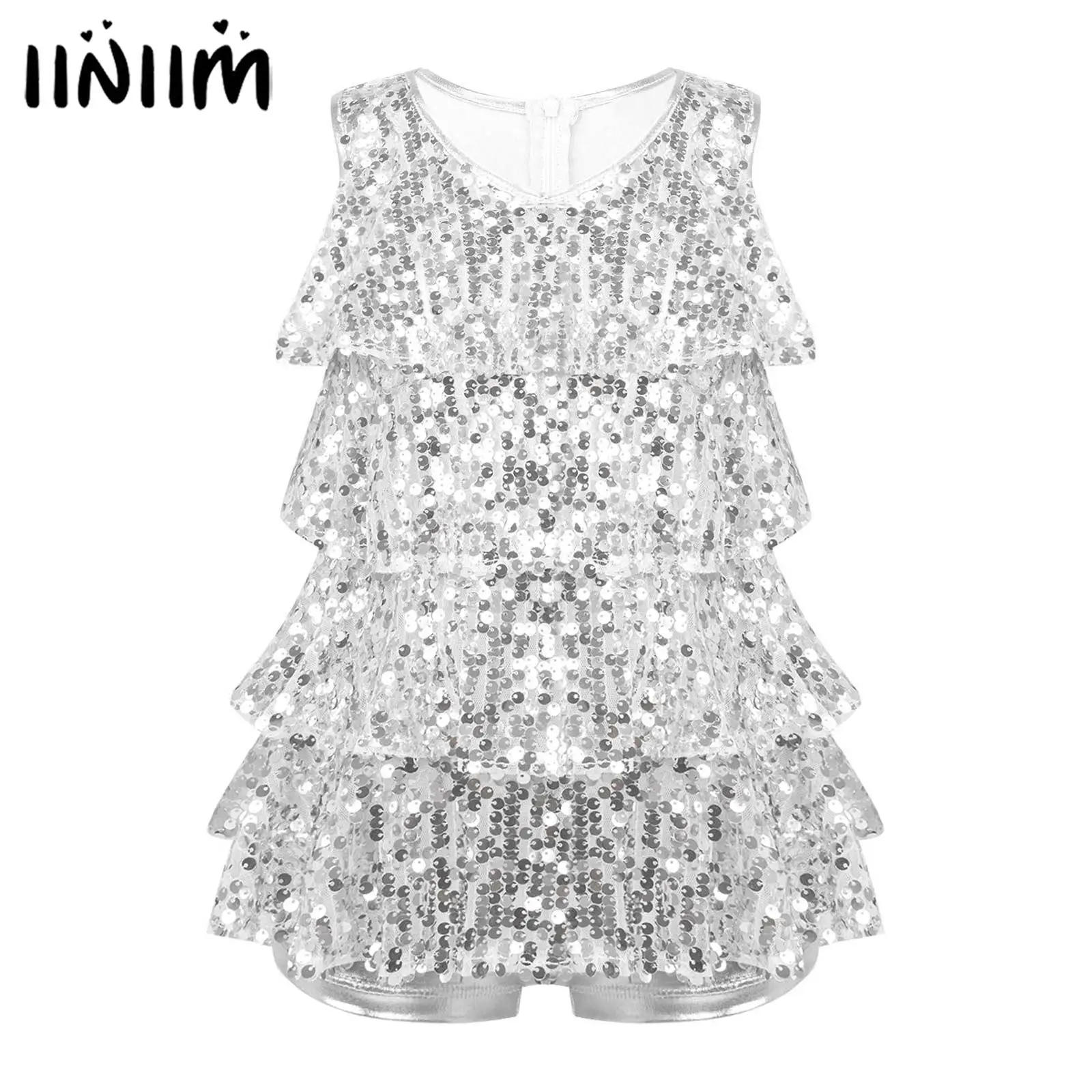 

Kids Girls Stylish Clothing Sleeveless V Neckline Shiny Sequins Decorated Tiered Style Bronzing Cloth Jazz Dance Leotards