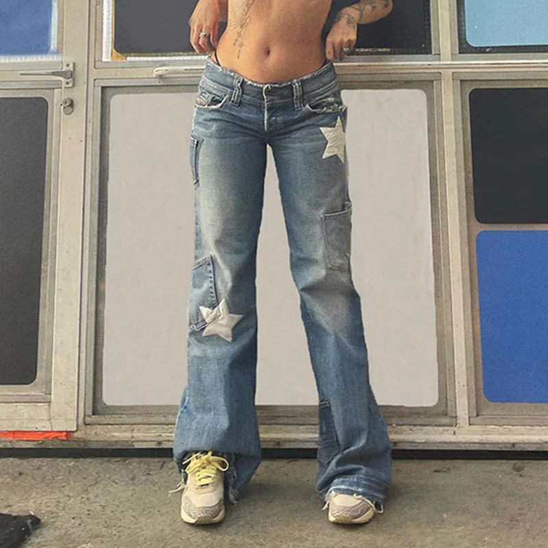 

Street Vintage Washed Old Pentagram Printed Jeans Blue Multi-Pocket Workwear Casual Pants Y2K Women's Pants