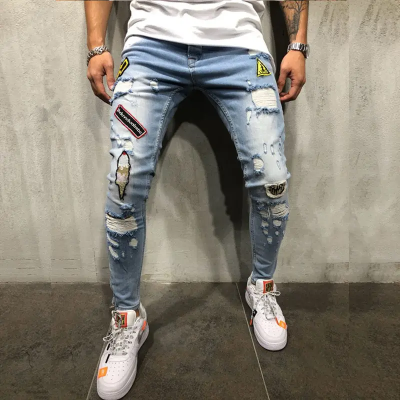 

Новинка Весна 2021, мужские джинсы в стиле пэчворк, модные облегающие джинсовые брюки с дырками, рваные узкие мужские джинсы в стиле хип-хоп
