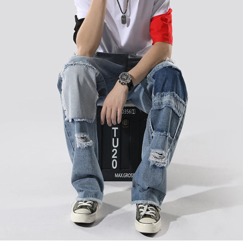 Y2K Men's Jeans with Patchwork, Embroidery, Fringe, and Color Block Design Mens Jeans Men Clothing Men Pants Ripped Jeans