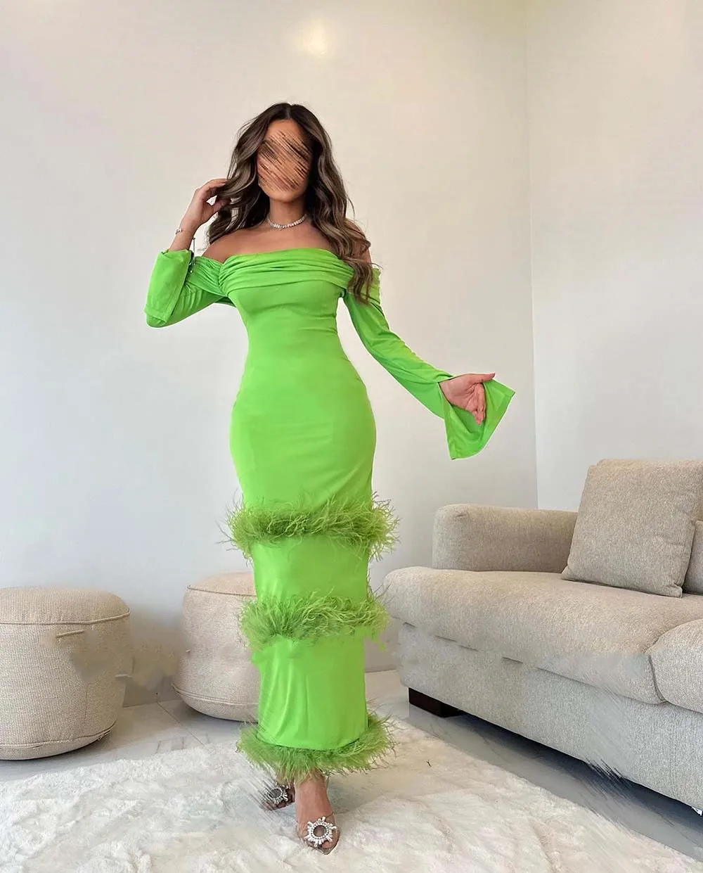 

Merida Ruched Off-The-Shoulder Feather Evening Dress Satin Long Sleeves Ankle-Length Saudi Arabia Prom Dresses 2023