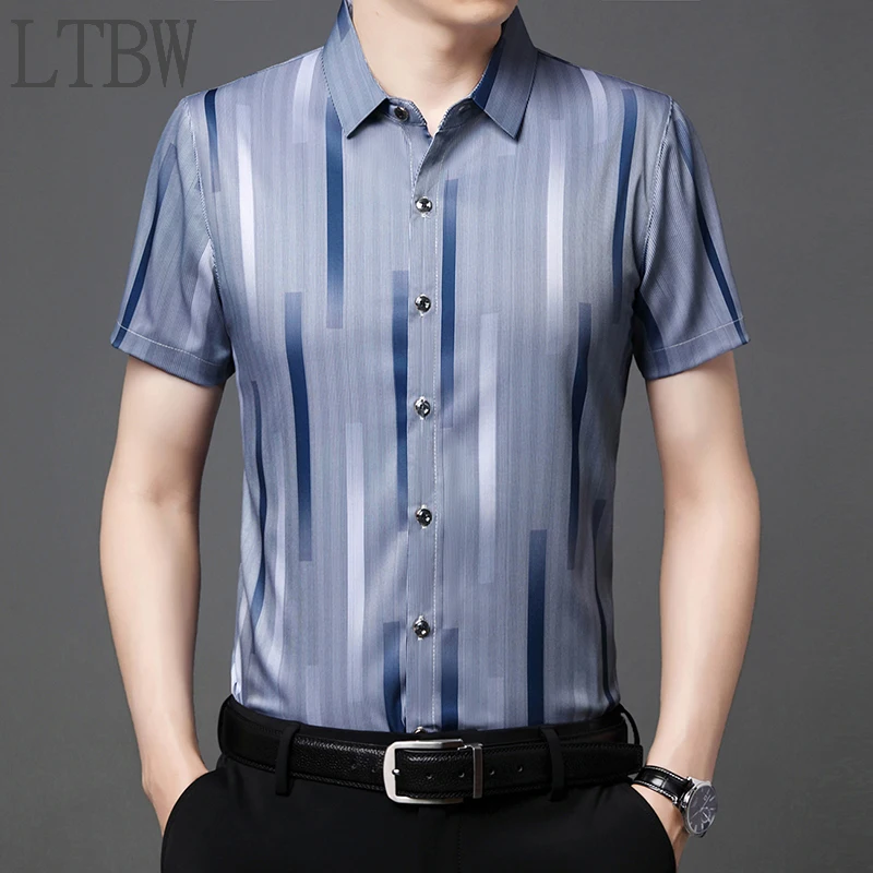 LTBW Fast Shipping New Vertical Striped Men's Short Sleeve Shirt Casual Short Sleeve Top