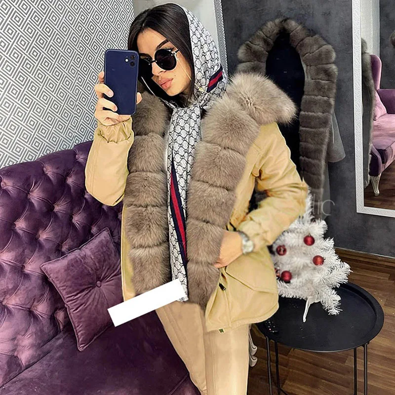 Maomaokong New Winter Women Parkas Natural Fox Fur Beige Coat Female Leather Warm Jacket Short Bomber Thick faux liner Clothes