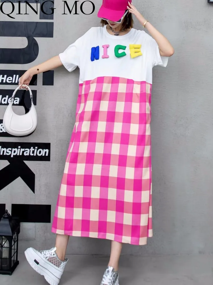 

QING MO Trendy 2023 Summer New Letter Splice Plaid Medium Length T-shirt Dress For Women Red Green Half Sleeve Dress ZXF2775