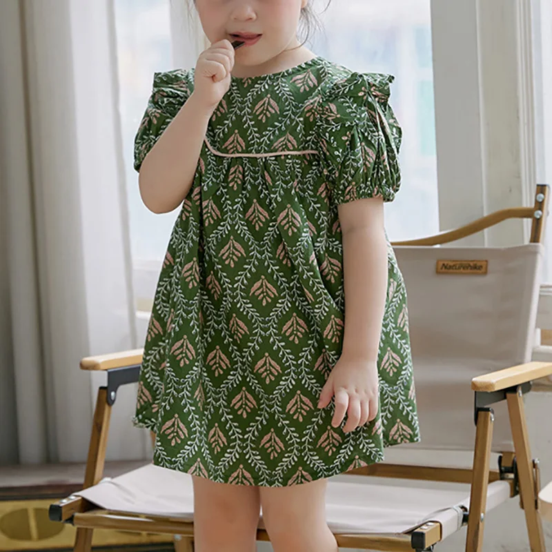 

2022 Kids Green Print Dresses For Girls Puff Sleeve Children Wedding Tutu Dress Kids Princess Vestido Frocks Casual Clothes