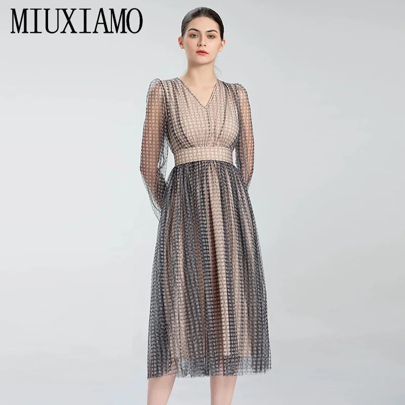 

MIUXIMAO 2022 Spring&Summer Women's Clothing V-Neck Long Sleeve Dress Fashion Elegant Vestido Feminino Dress for Women