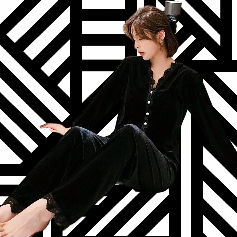 Women's Pajamas Set Soft Velvet Lace Pyjama Homewear Cozy Spring Sexy Black Sleepwear Big Size Femme Pure Color Pjs