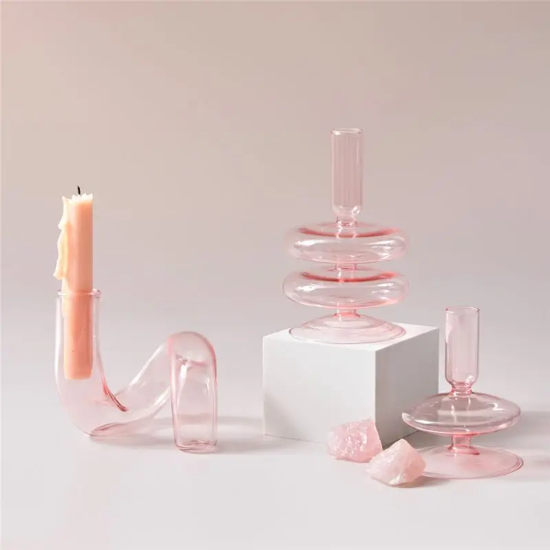 

Pink Glass Candle Holder Taper Candlesticks Holder Wedding Table Centerpieces Nordic Home Decoration