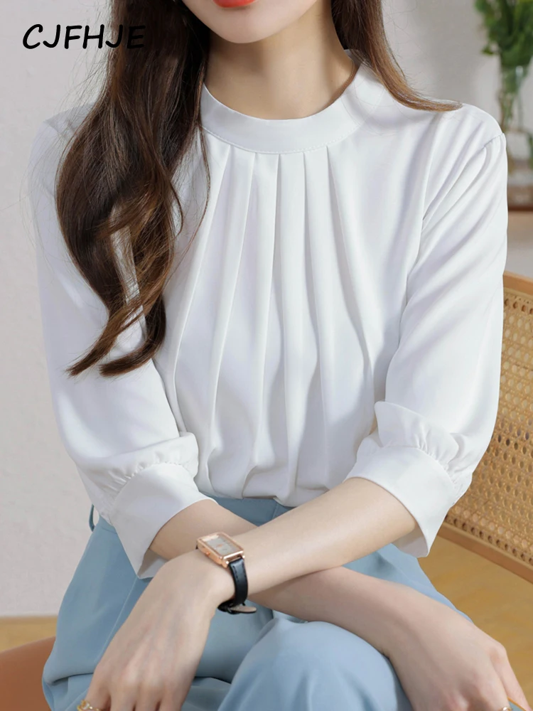 

CJFHJE Chiffon Apricot Elegant Lady Shirts Casual White Women Shirt Spring Autumn O Neck Solid Color Workwear Formal Tops Blouse