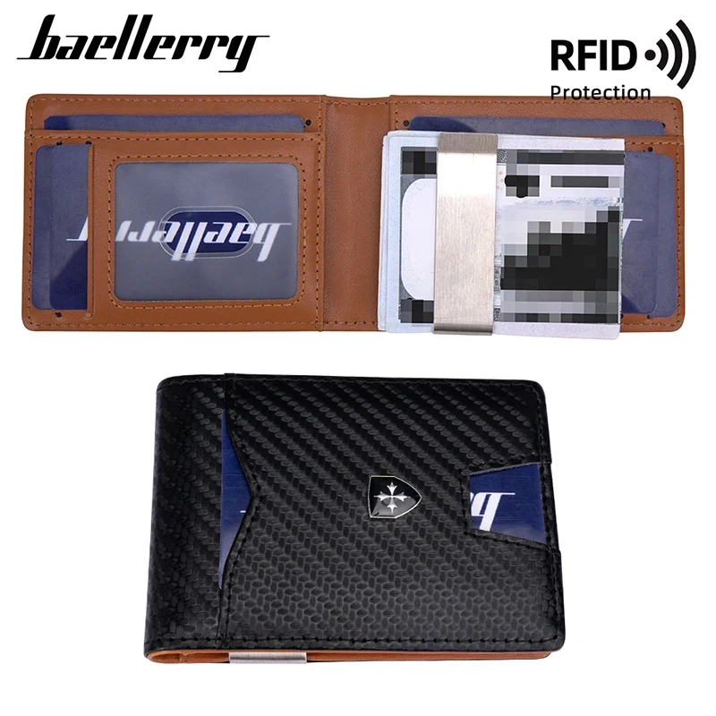 Фото Мужские короткие кошельки Baellerry RFID из углеродного волокна, держатели для карт с гравировкой имени, мужской кошелек, высококачественный чехол для карт, мужские зажимы для денег №4