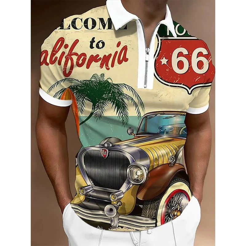

Рубашка-поло мужская с коротким рукавом, модная повседневная Уличная одежда с принтом автомобиля, топ на молнии с отложным воротником