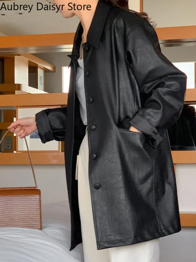 Korean Long Black Leather Moto Jacket Women Streetwear Fashion Female Loose Leather Suit Blazers Casual Vintage Winter Coat 2022