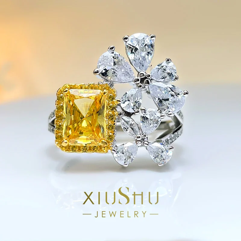 

Luxurious Small Group Exquisite 2 Carat Yellow Diamond Ring Artificial Color Diamond 925 Silver 5a High Carbon Diamond Floret Th