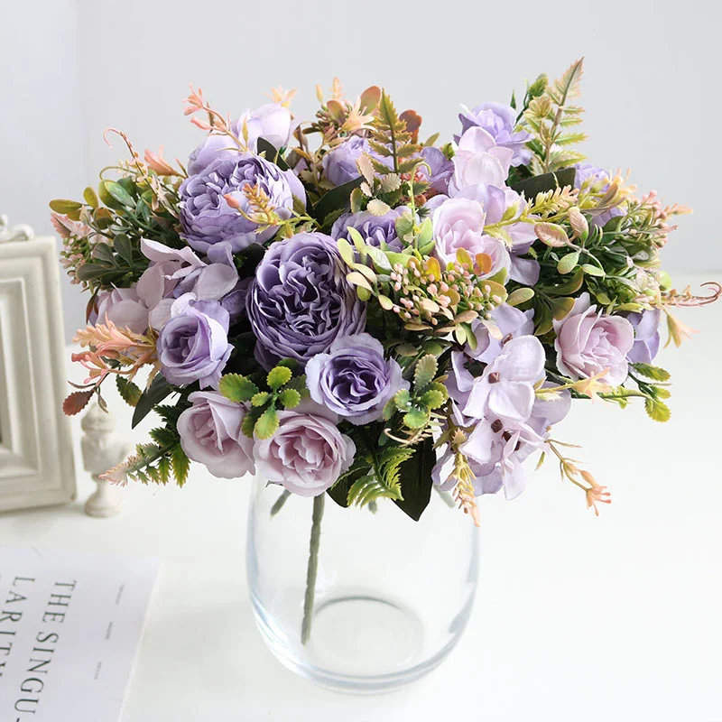 

5 Heads White Peony Flower Artificial Silk Rose Centerpiece Wedding Bouquet Autumn Hydrangea Fake Flowers Home Decor Accessories