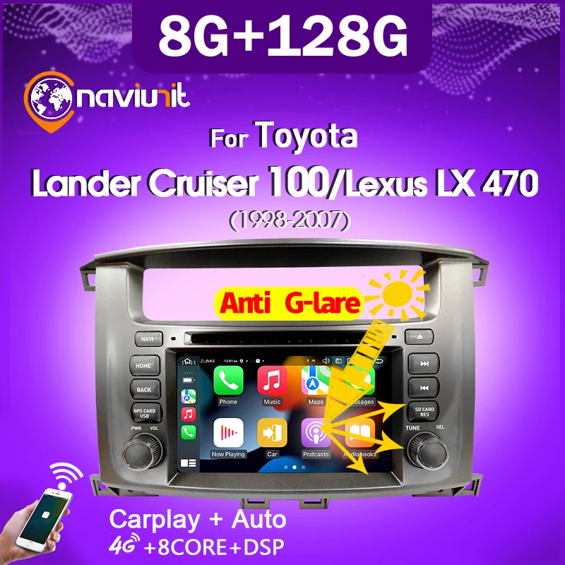 Автомагнитола Naviunit Carplay 2 din мультимедиа Android 11 для Toyota Lander Cruiser 100 Lexus LX 470 с экраном