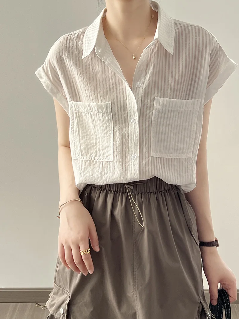 

Summer Loose Casual Women’s Striped Shirt with Unique Design, Featuring A Stylish Short Sleeves for A Chic and Trendy Look.