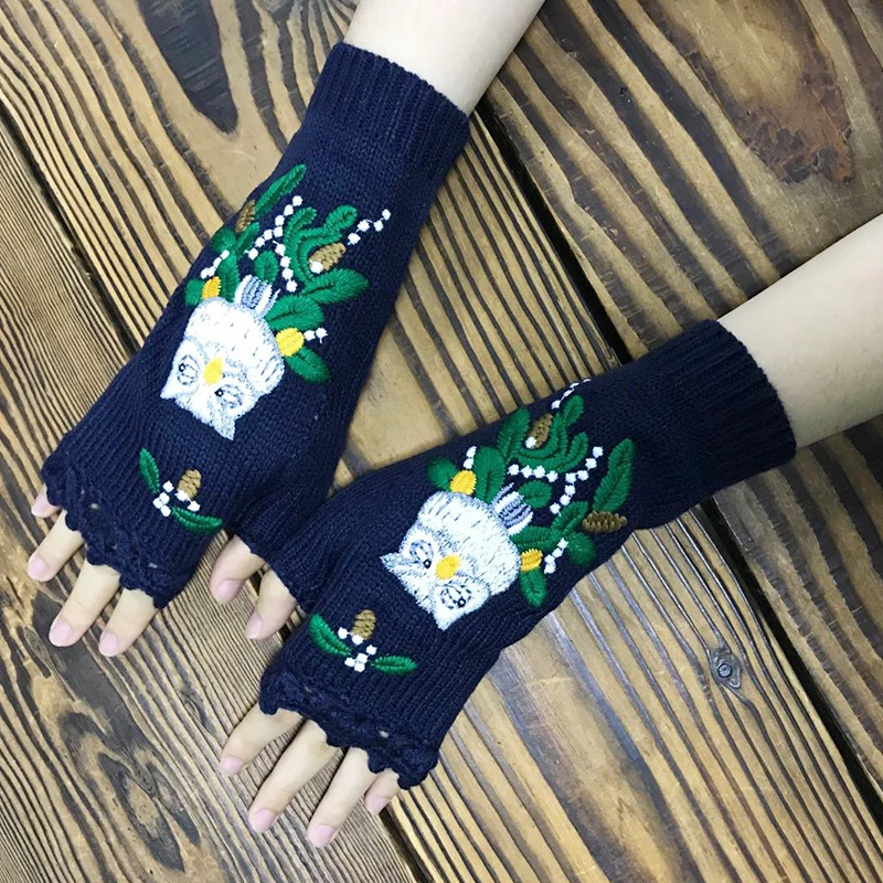 

Embroidered Owl Fingerless Gloves Vintage Crocheted Knitted Half Finger Glove Extended Korean Women Wrist Mittens Christmas Gift