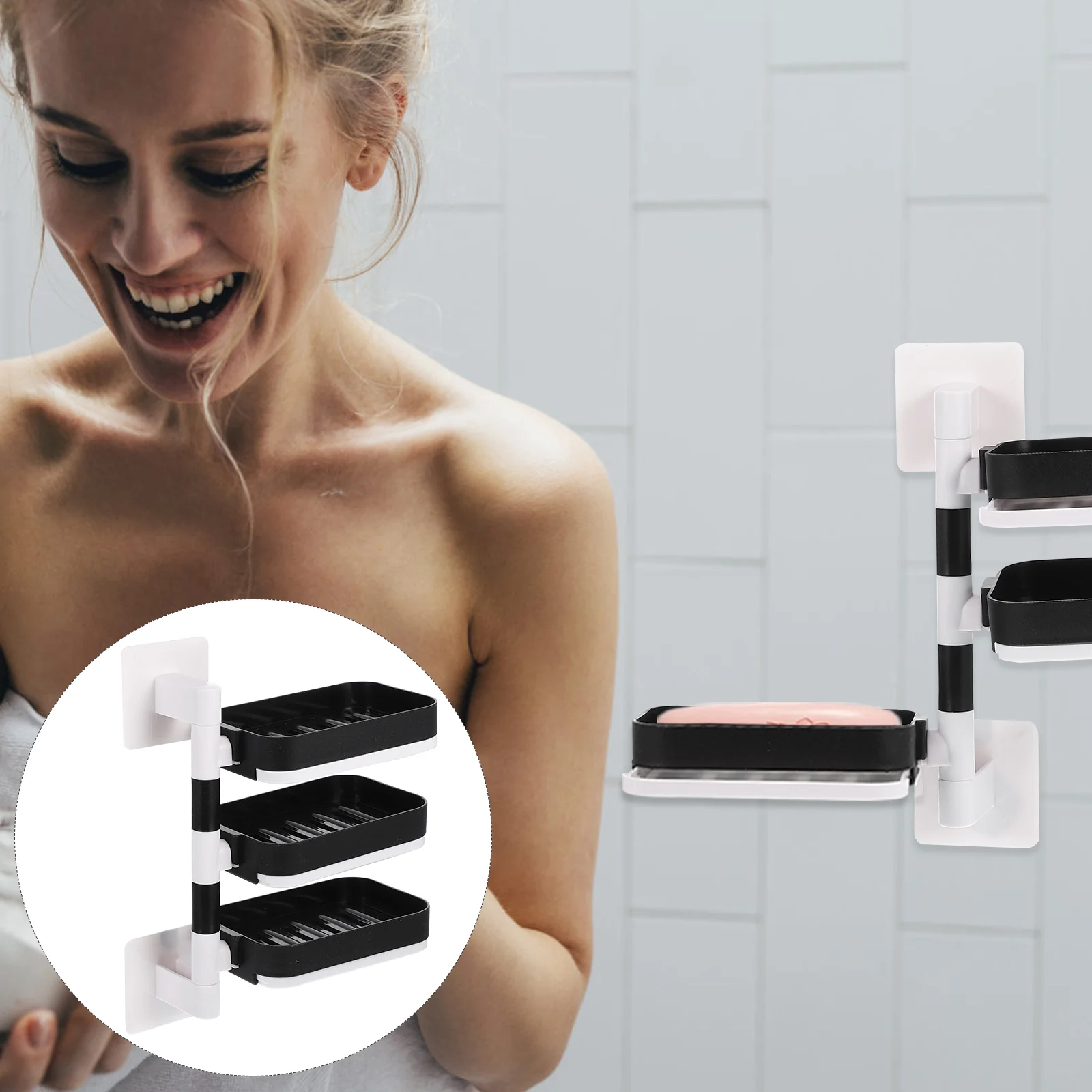 

Soap Holder Dish Wall Tray Draining Shower Containerrack Mounted Self Layer Bar Drillingadhesive Rotatable Saver Bathroom Non