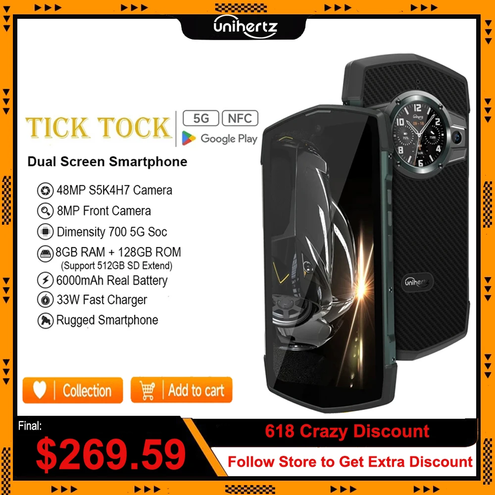 Unihertz Tick Tock 5G Rugged Waterproof Smartphone Android 8GB 128GB Octa Core 8MP 48MP Cellphone 6.3