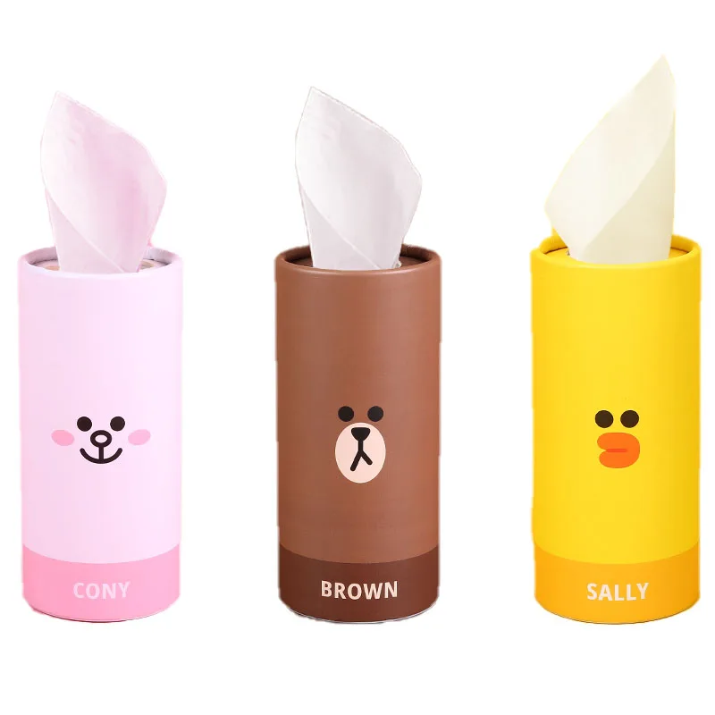 

Line Friends Brown Cony Sally Kawaii Cartoon Paper Vehicle Convenient Removable Cylindrical Tissue Box 3Pcs/set Paper Box