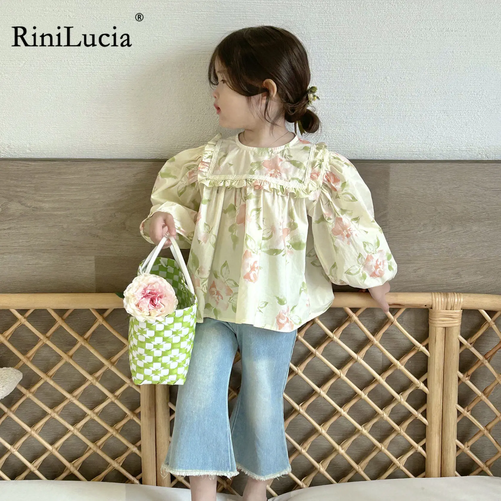 

RiniLucia Autumn Girls Clothing Sets Long Sleeve Floral Shirts Denim Pants 2pcs Suits 2023 Baby Clothes Children Kids Outfits