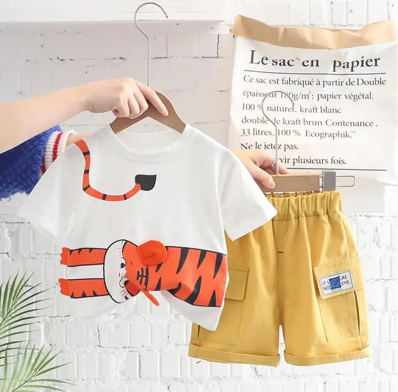 

Лето 2022, детские костюмы, детская одежда для мальчиков, с принтом тигра, с круглым вырезом, костюмы с короткими рукавами, футболки и шорты, де...