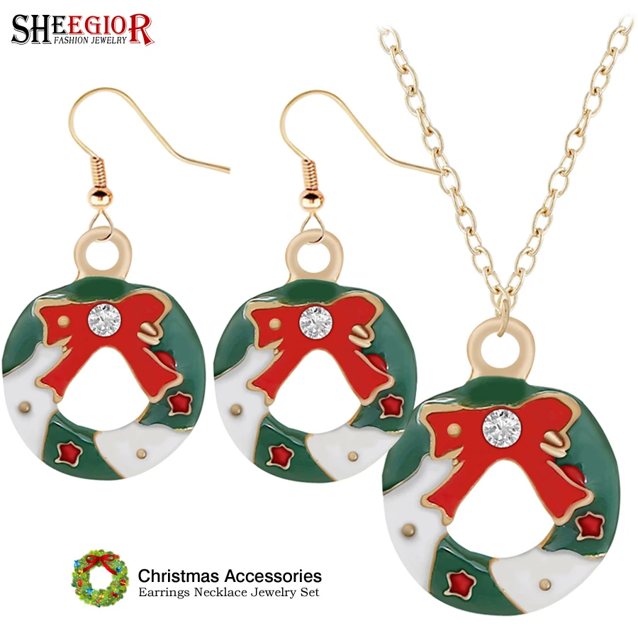 

Lovely Enamel Christmas Garland Earrings Necklaces Jewelry Set Colorful Drip Oil Bowknot Necklaces Earrings Accessories Set Gift