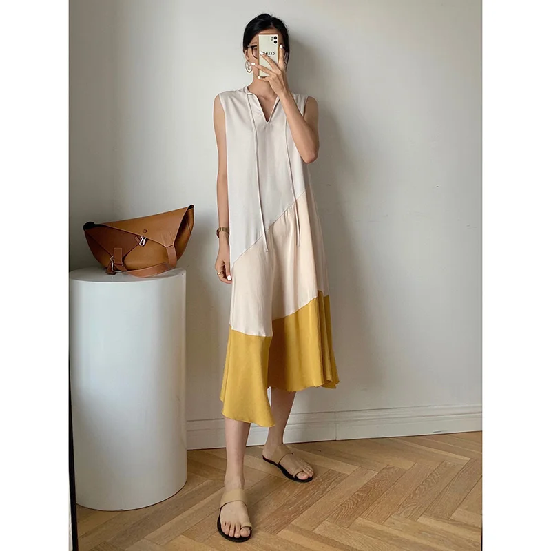 

2022 Summer Sleeveless Asymmetric Draped Pleated Patchwork Women Dress Elegant Fasion Sexy Lady Dress High Quality Robe V-Neck