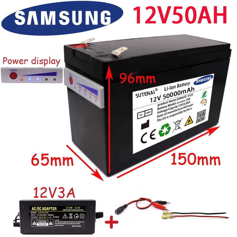 

NEW Sprayers 12V 50Ah 3S6P Built-In High Current 30A BMS 18650 Lithium Battery Pack For Electric Vehicle Batterie 12.6V Charger