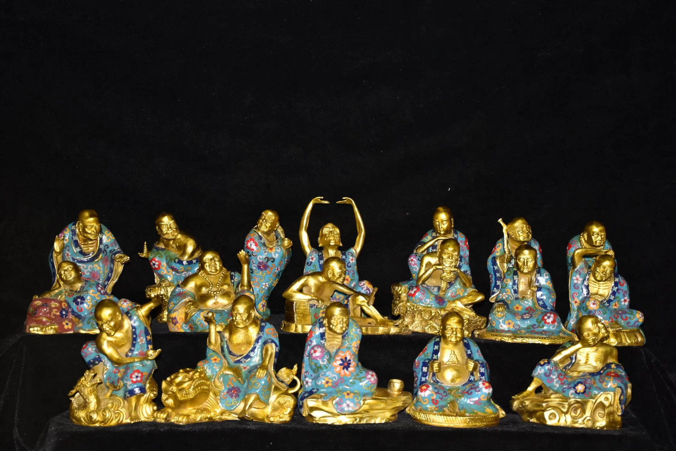 

9" Tibetan Temple Collection Old Bronze Cloisonne Enamel Eighteen Arhats Buddha Patronus set ornament Town house Exorcism