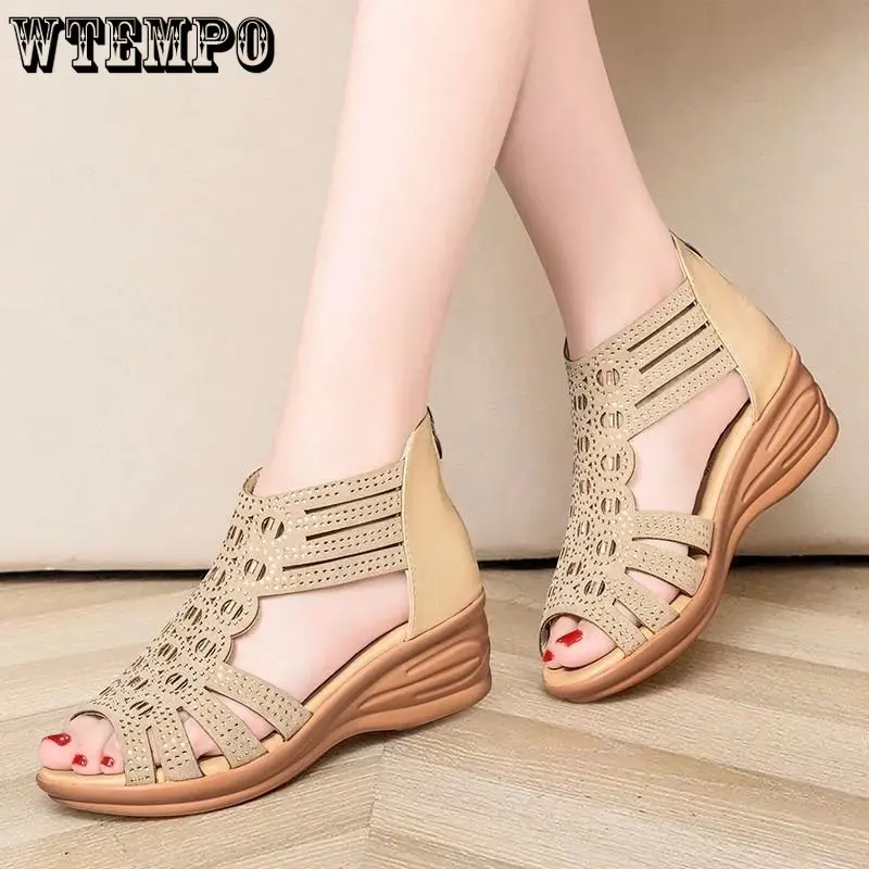 WTEMPO Women's Comfortable Wedges Hollow Out Zippered Girl Sandals Ladies Summer Middle Heel Dress Shoes Wholesale Dropshipping
