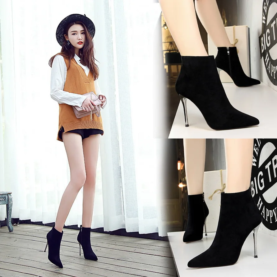 

Winter fashion contracted with ultra fine with suede pointed sexy nightclub show thin female short boots