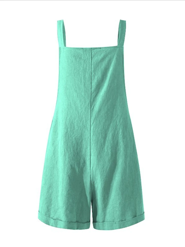 2023 Summer New Large Size Cotton and Linen Lace-up One-piece Straps Solid Color Buttons Comfortable Casual Women's Shorts