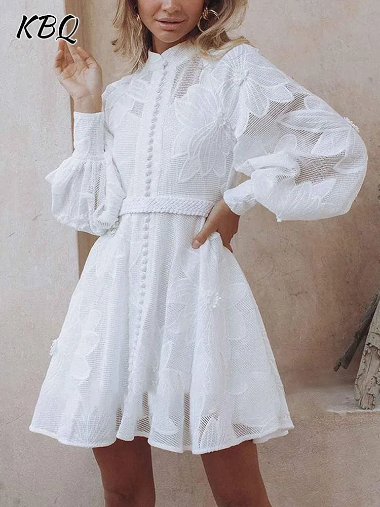 

KBQ Embroidery Spliced Lace Up Dresses For Women Stand Collar Lantern Sleeve High Waist Patchwork Lined Mini Dress Female New