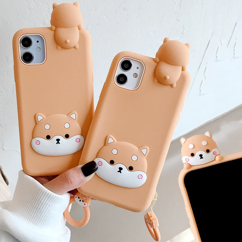

RYWER Cartoon 3D Cute Shiba Inu Dog Puppy Phone Case for iPhone 12 Mini 11 Pro XS Max X XRSilicone Back Cover with Finger Ring