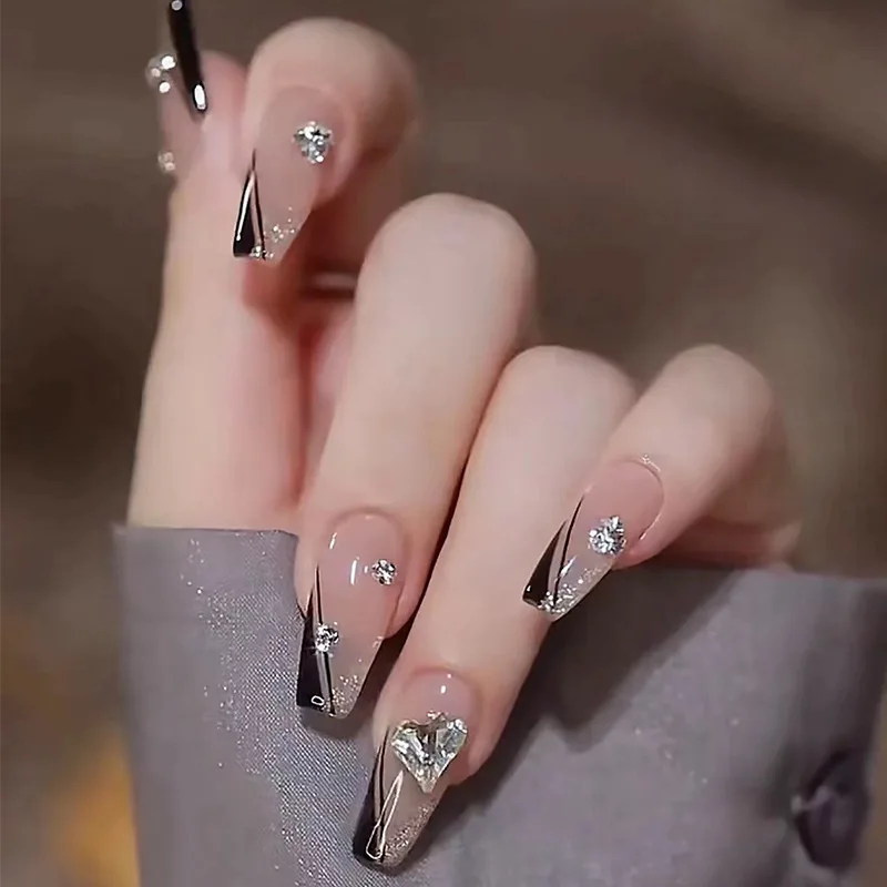 

24Pcs Ballerina Nail Tips French Bevel Design False Nails Square Fake Nails Glitter Love Rhinestone Detachable Press on Nails
