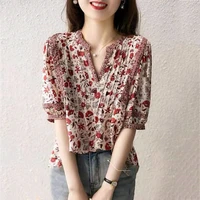 vintage printed v neck spliced folds oversized chiffon shirt 2022 summer new casual pullovers loose commute womens blouse
