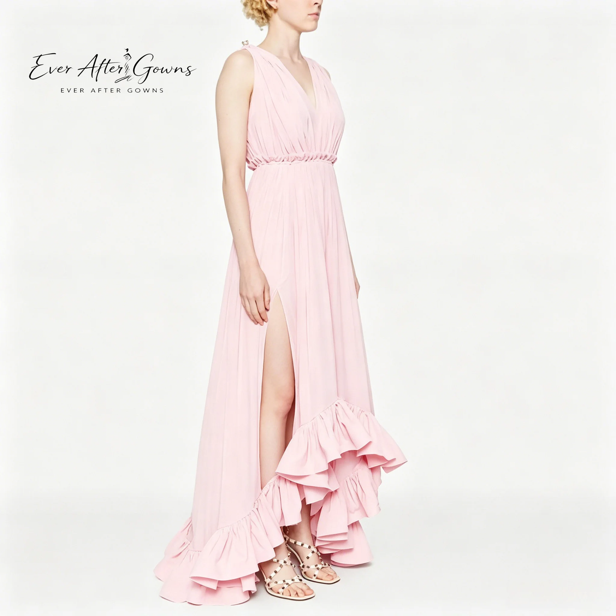 Платье Ever After Gowns из шифона цвета пыльной розы с асимметричным подолом, V-образным вырезом и оборками, для подружек невесты (art.: 3920db8b3b034) - 3920db8b3b034