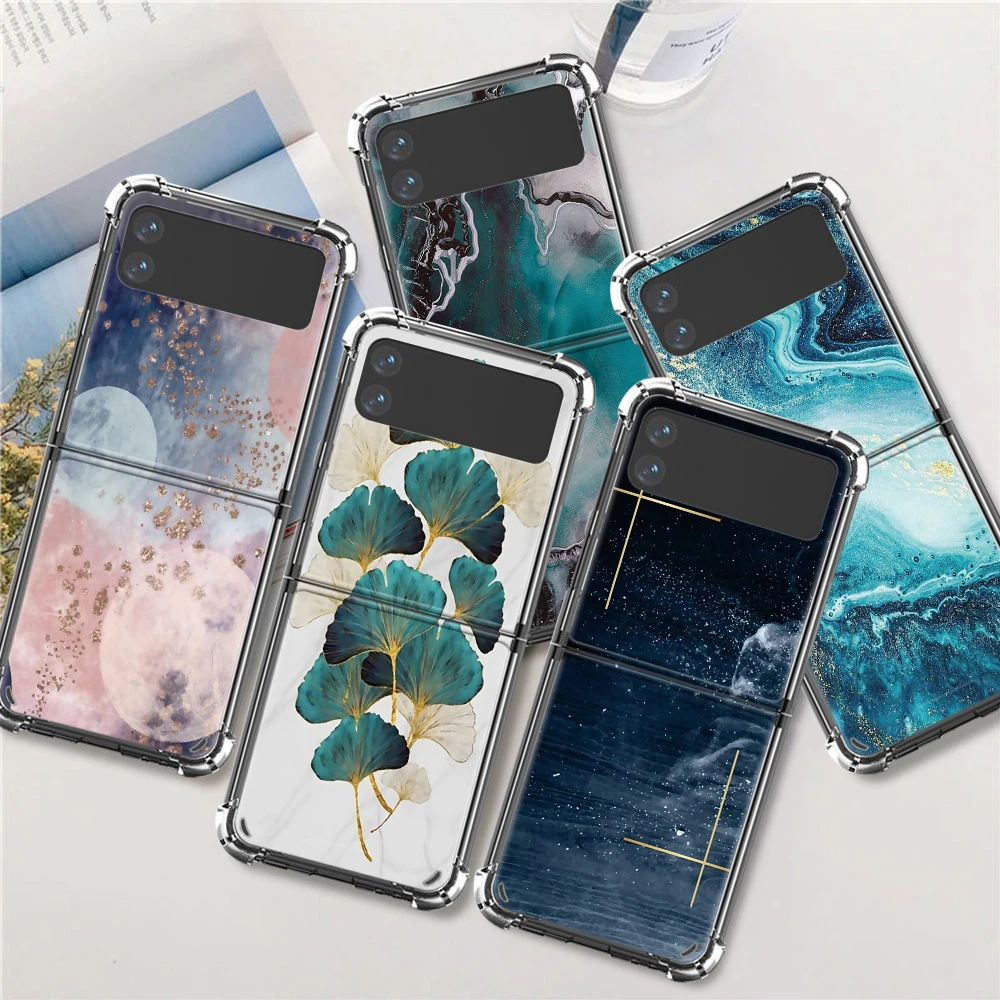 

Chic Marble Gold Foil Luxury Case For Samsung Galaxy Z Flip 3 5G Funda Z Flip3 Clear PC Hard Shockproof Back Phone Coque Shell