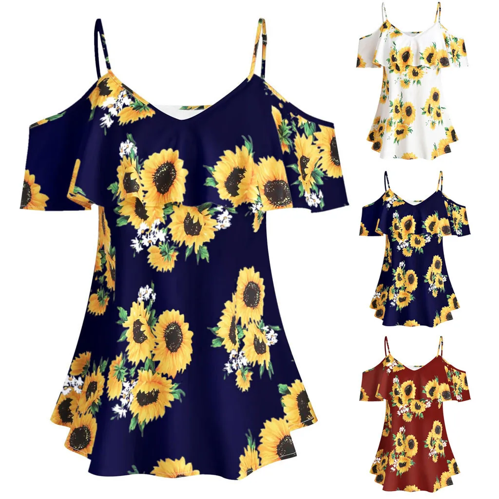 

Fashion Sunflower spaghetti Strap Blouse Shirt Casual V-Neck Tops Casual Summer Ladies Female Women Short Sleeve Blusas Pullover