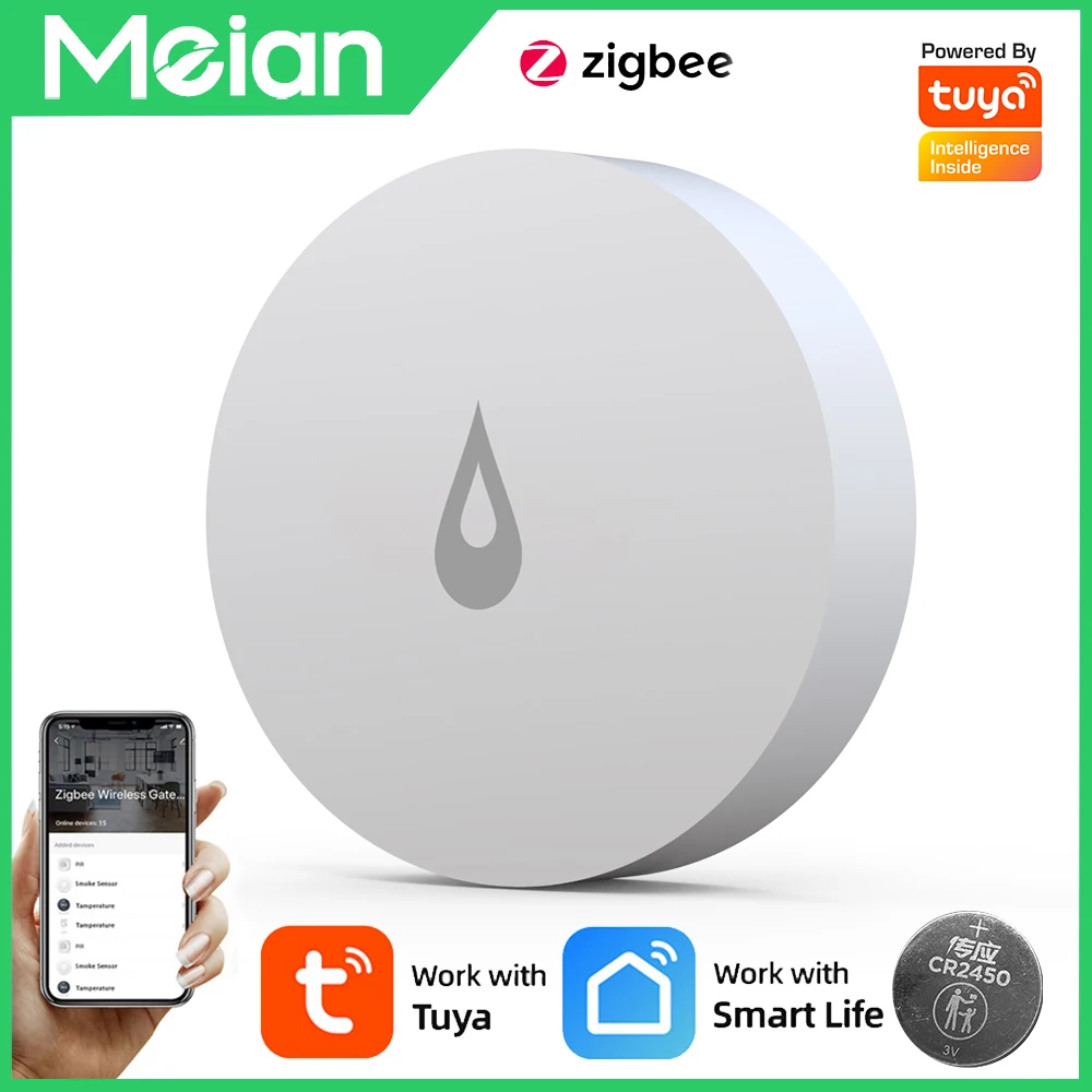 Цена Датчик утечки воды MEIAN ZigBee3.0, детектор связи с оповещением о переполнении IP68, охранная сигнализация для Tuya/Smart APP Hub