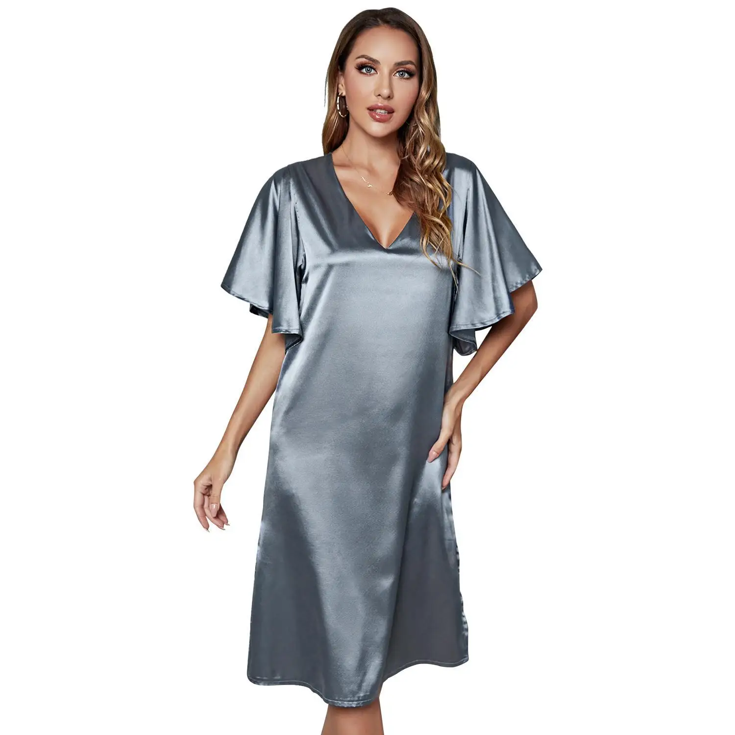 Pajamas Women Imitation Silk Home Clothes Solid Color V-neck Ice Silk Satin Nightdress Summer Night Wears for Women