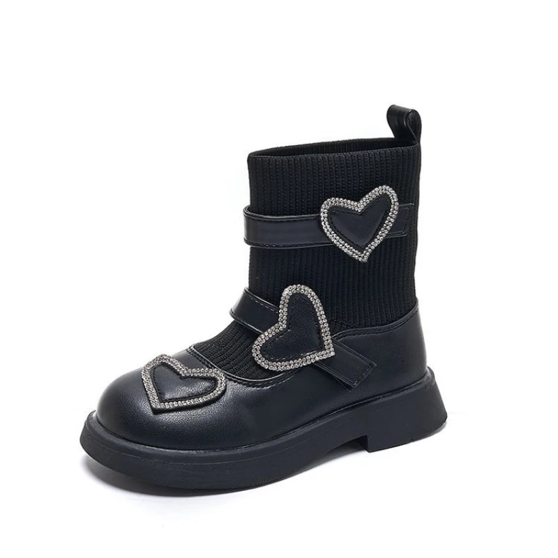 

Patent Leather Ankle Boots for Girl Autumn Korea Style Child Shoes Girls Fashion Knitting Socks Boots Hearts Heart Pattern Shoes