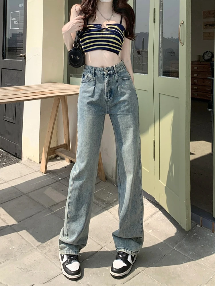 

American High Street Washed Old Straight denim Women's New Summer High Waist Loose Slim Wide Leg Floor Dragging Pants