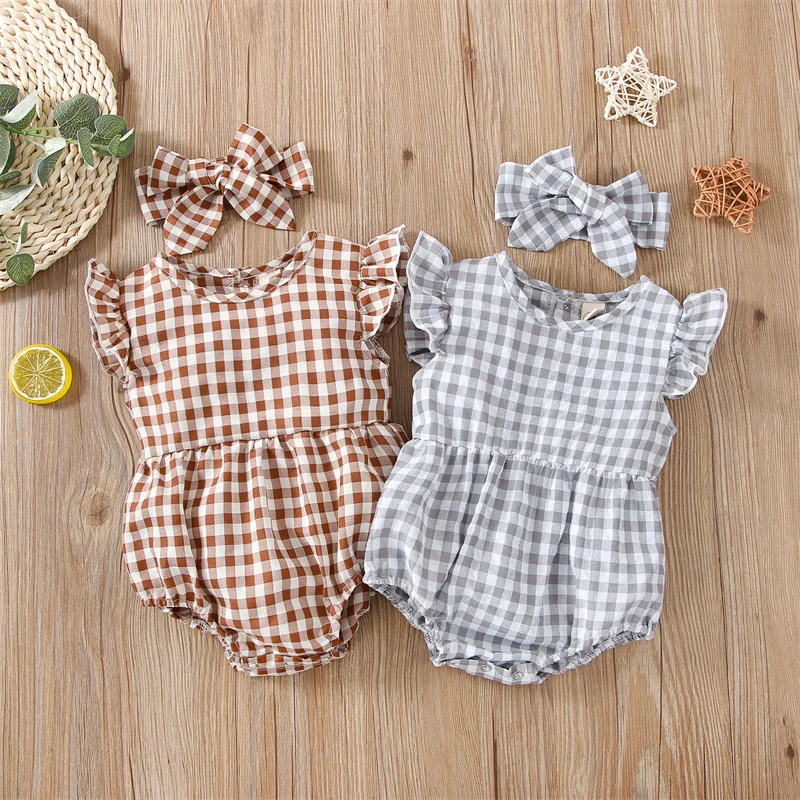 

Baby Girls Summer Outfits Plaid Print Round Neck Flying Sleeve Design Bottom Snap Jumpsuit + Bow Headband 2 Piece Set