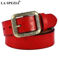 la spezia genuine leather women belt red square pin buckle trousers waist belt female vintage brand cowskin embossed belt