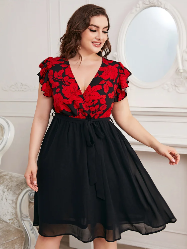 V-neck Large Women's 2022 New Fashion Print Loose Fit Dress plus size women clothing  party dresses