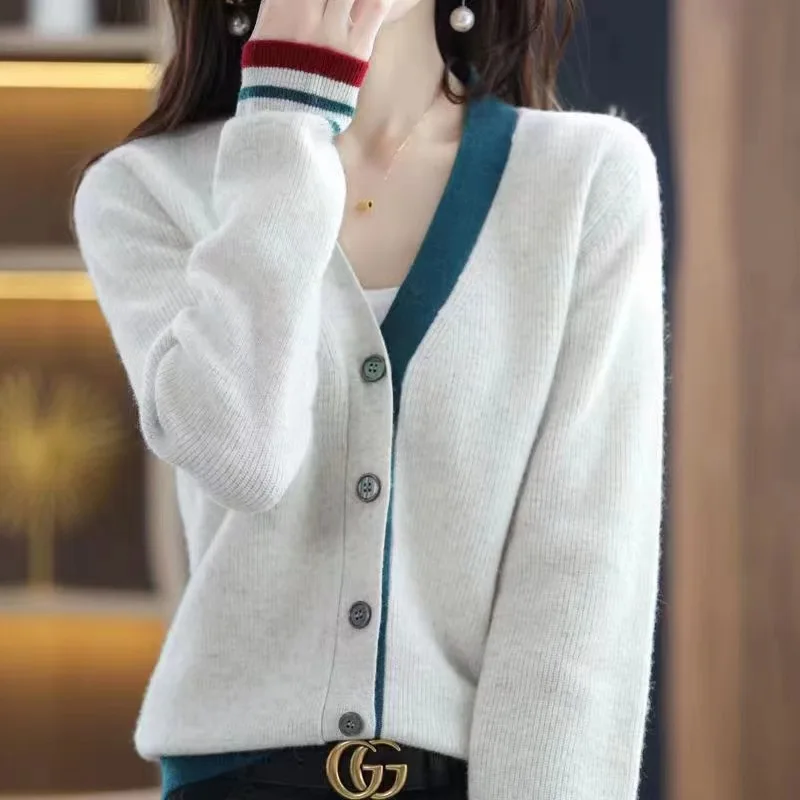 

Женский кардиган с V-образным вырезом, повседневный трикотажный кардиган составного кроя в японском и корейском стиле, осень 2022