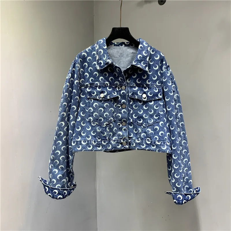 

Loose Denim Coat Women Spring Crescent Print Long Sleeve Aesthetic Coat Female High Quality Short Jacket Streetwear Outfit
